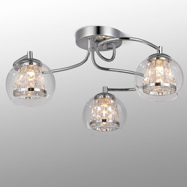 Kineton IP44 Three Lamp Ceiling Light in Chrome with Clear Glass Shades with Inner Clear Crystal Pieces