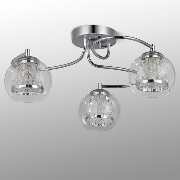 Kineton IP44 Three Lamp Ceiling Light in Chrome with Clear Glass Shades with Inner Clear Crystal Pieces