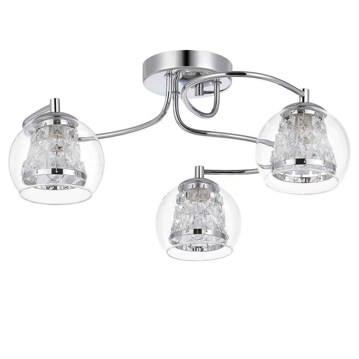 Kineton IP44 Three Lamp Ceiling Light in Chrome with Clear Glass Shades with Inner Clear Crystal Pieces