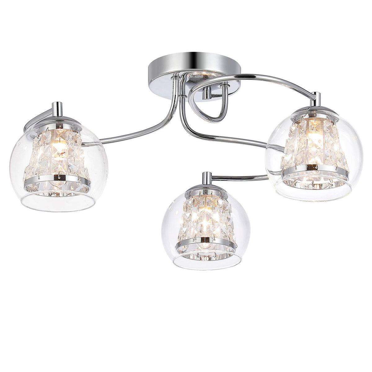 Kineton IP44 Three Lamp Ceiling Light in Chrome with Clear Glass Shades with Inner Clear Crystal Pieces
