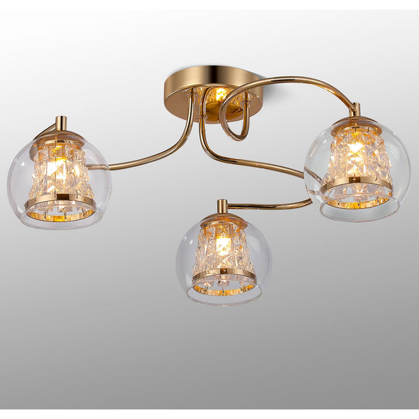 Kineton IP44 Three Lamp Ceiling Light in French Gold with Clear Glass Shades with Inner Clear Crystal Pieces