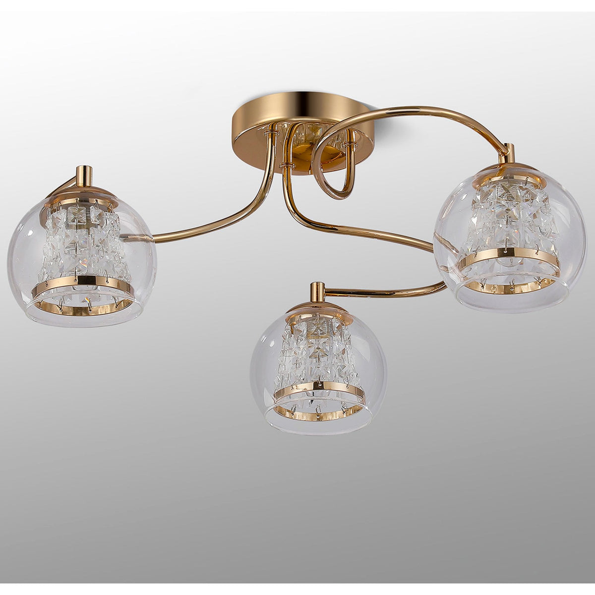 Kineton IP44 Three Lamp Ceiling Light in French Gold with Clear Glass Shades with Inner Clear Crystal Pieces