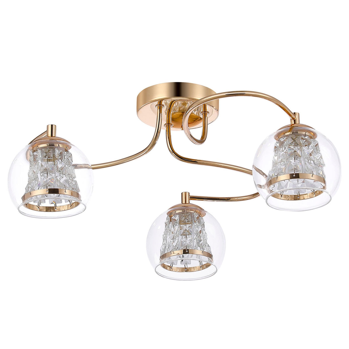 Kineton IP44 Three Lamp Ceiling Light in French Gold with Clear Glass Shades with Inner Clear Crystal Pieces