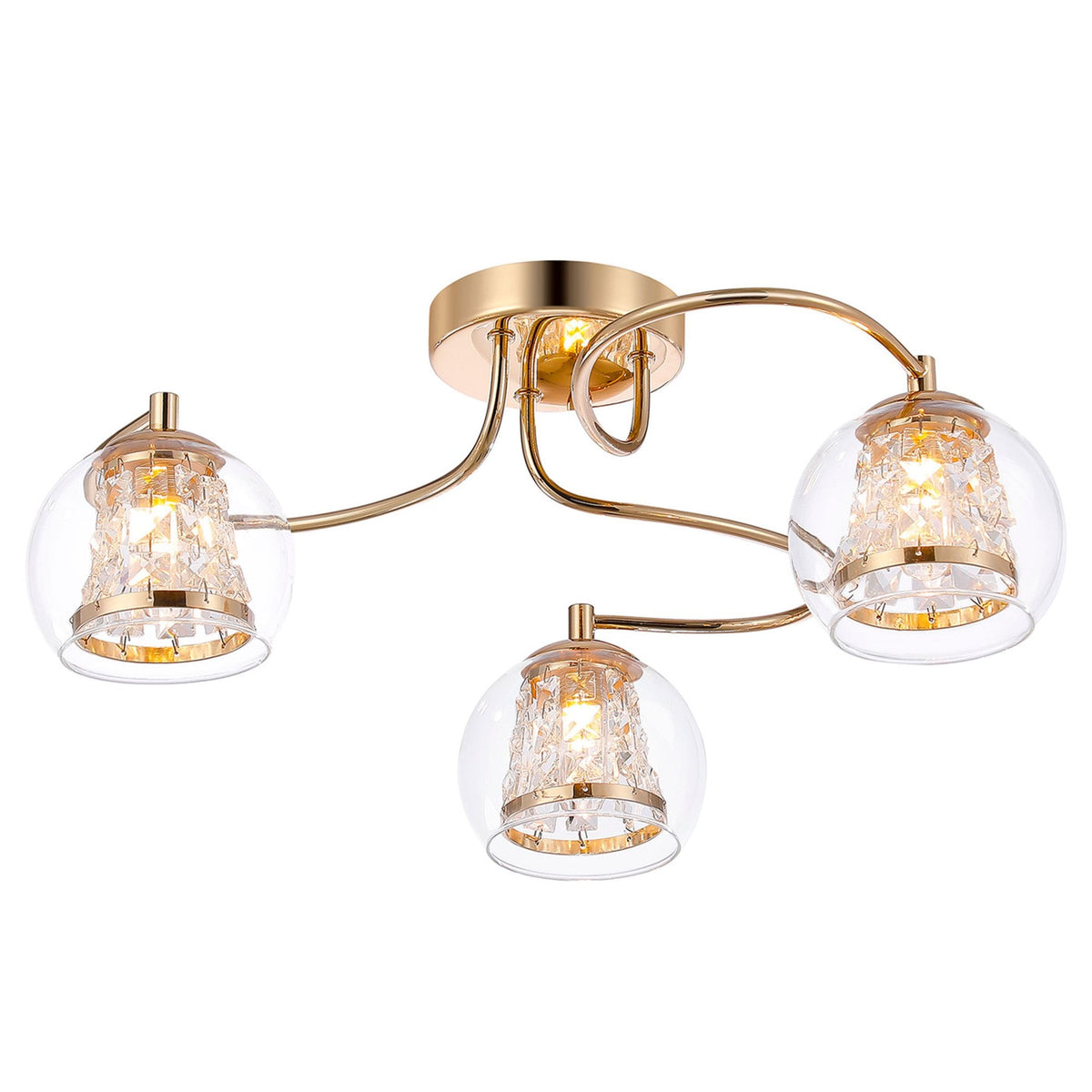 Kineton IP44 Three Lamp Ceiling Light in French Gold with Clear Glass Shades with Inner Clear Crystal Pieces