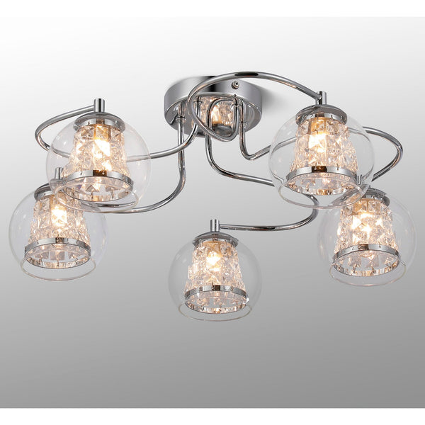 Kineton IP44 Five Lamp Ceiling Light in Chrome with Clear Glass Shades with Inner Clear Crystal Pieces