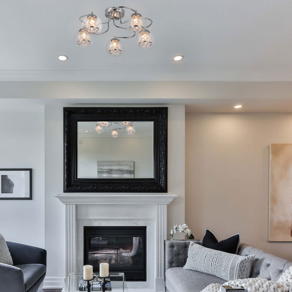 Kineton IP44 Five Lamp Ceiling Light in Chrome with Clear Glass Shades with Inner Clear Crystal Pieces