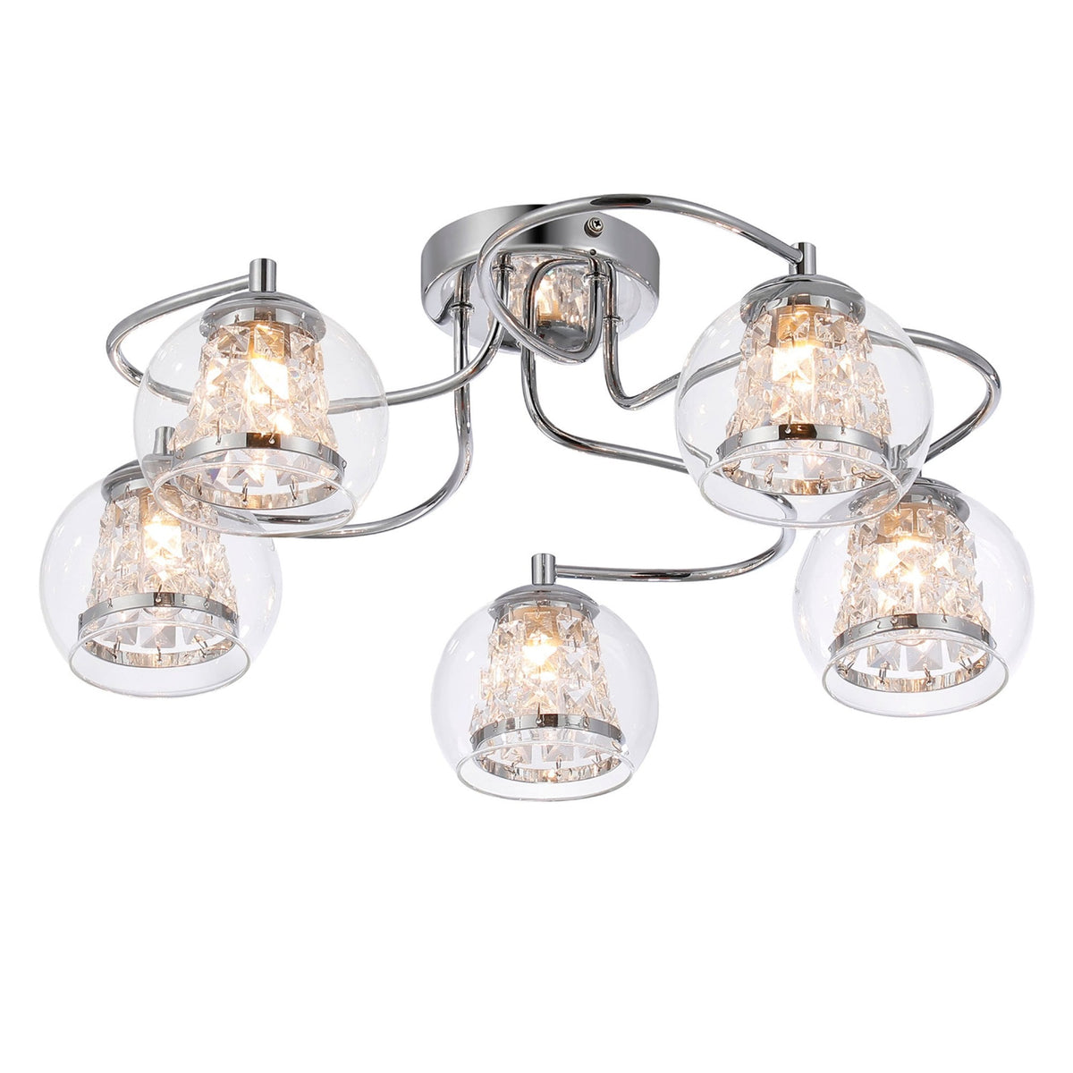Kineton IP44 Five Lamp Ceiling Light in Chrome with Clear Glass Shades with Inner Clear Crystal Pieces