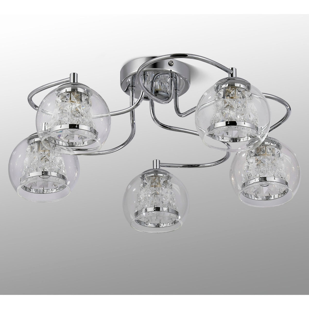 Kineton IP44 Five Lamp Ceiling Light in Chrome with Clear Glass Shades with Inner Clear Crystal Pieces