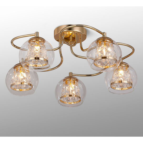 Kineton IP44 Five Lamp Ceiling Light in French Gold with Clear Glass Shades with Inner Clear Crystal Pieces