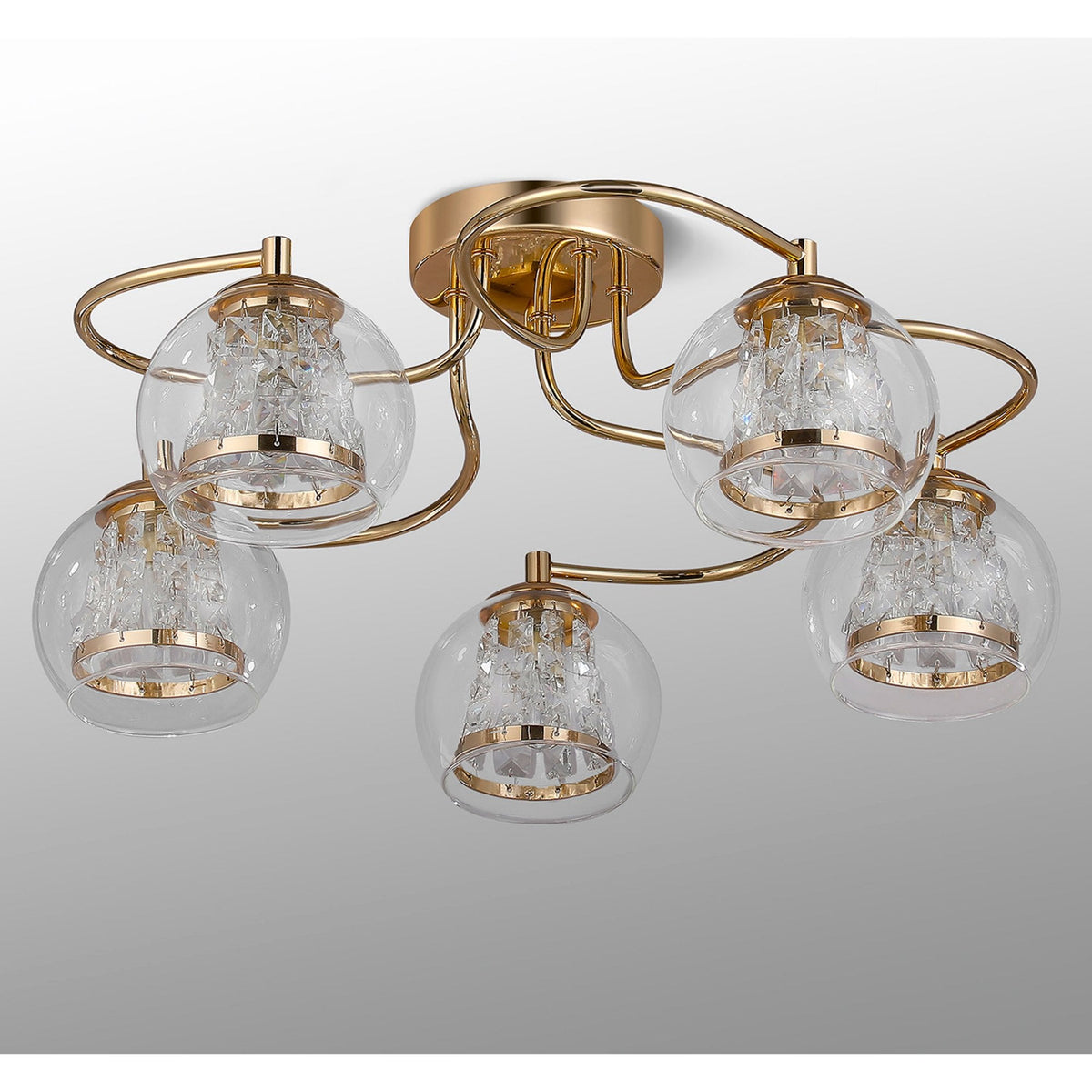 Kineton IP44 Five Lamp Ceiling Light in French Gold with Clear Glass Shades with Inner Clear Crystal Pieces