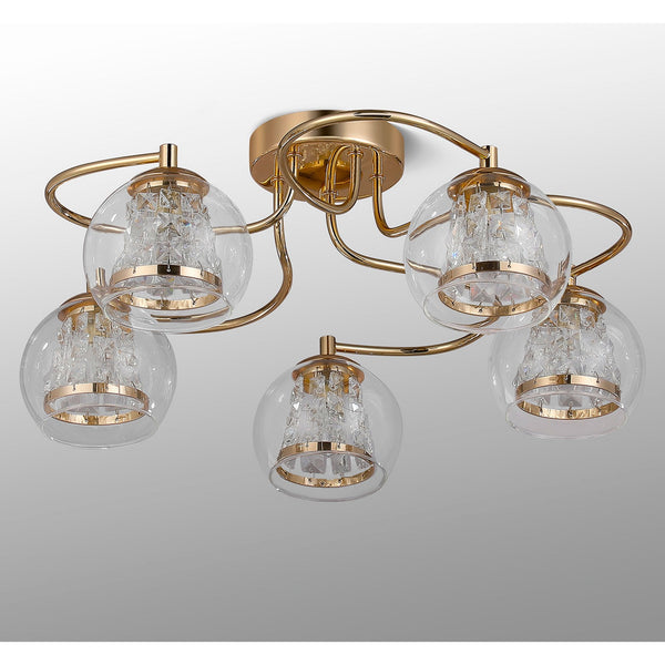 Kineton IP44 Five Lamp Ceiling Light in French Gold with Clear Glass Shades with Inner Clear Crystal Pieces