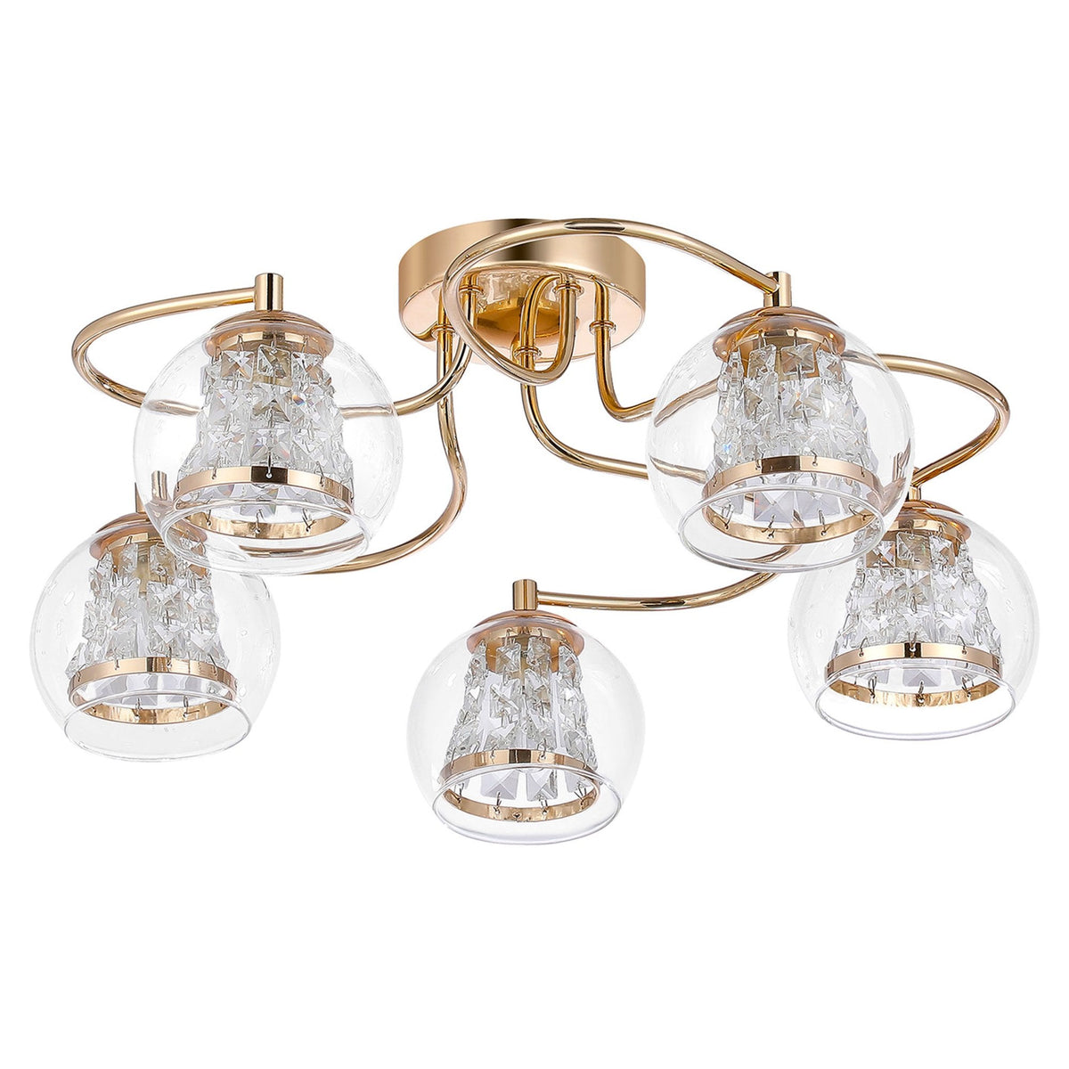 Kineton IP44 Five Lamp Ceiling Light in French Gold with Clear Glass Shades with Inner Clear Crystal Pieces