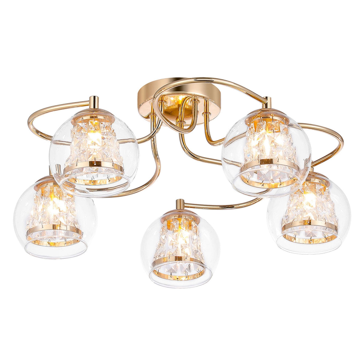 Kineton IP44 Five Lamp Ceiling Light in French Gold with Clear Glass Shades with Inner Clear Crystal Pieces