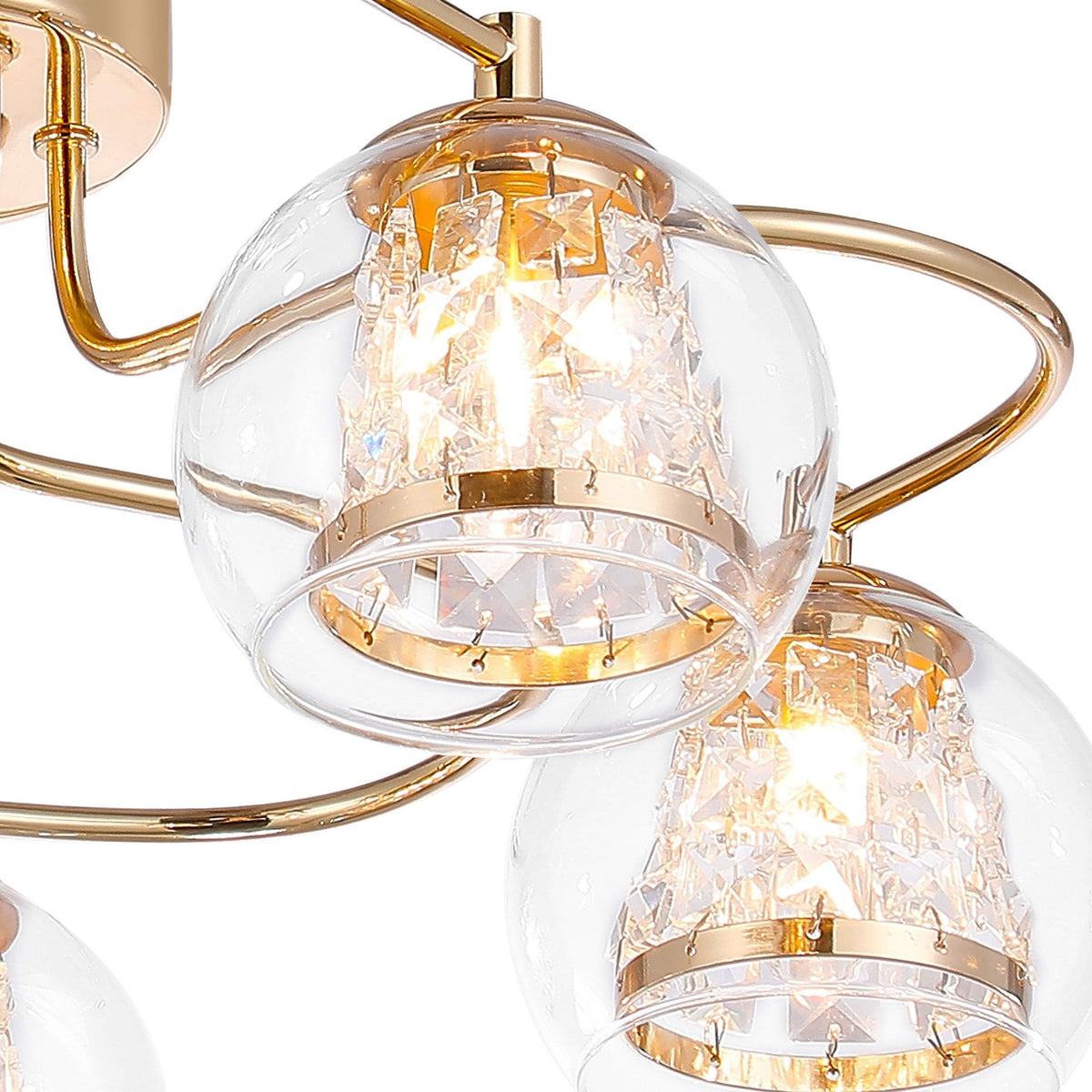 Kineton IP44 Five Lamp Ceiling Light in French Gold with Clear Glass Shades with Inner Clear Crystal Pieces