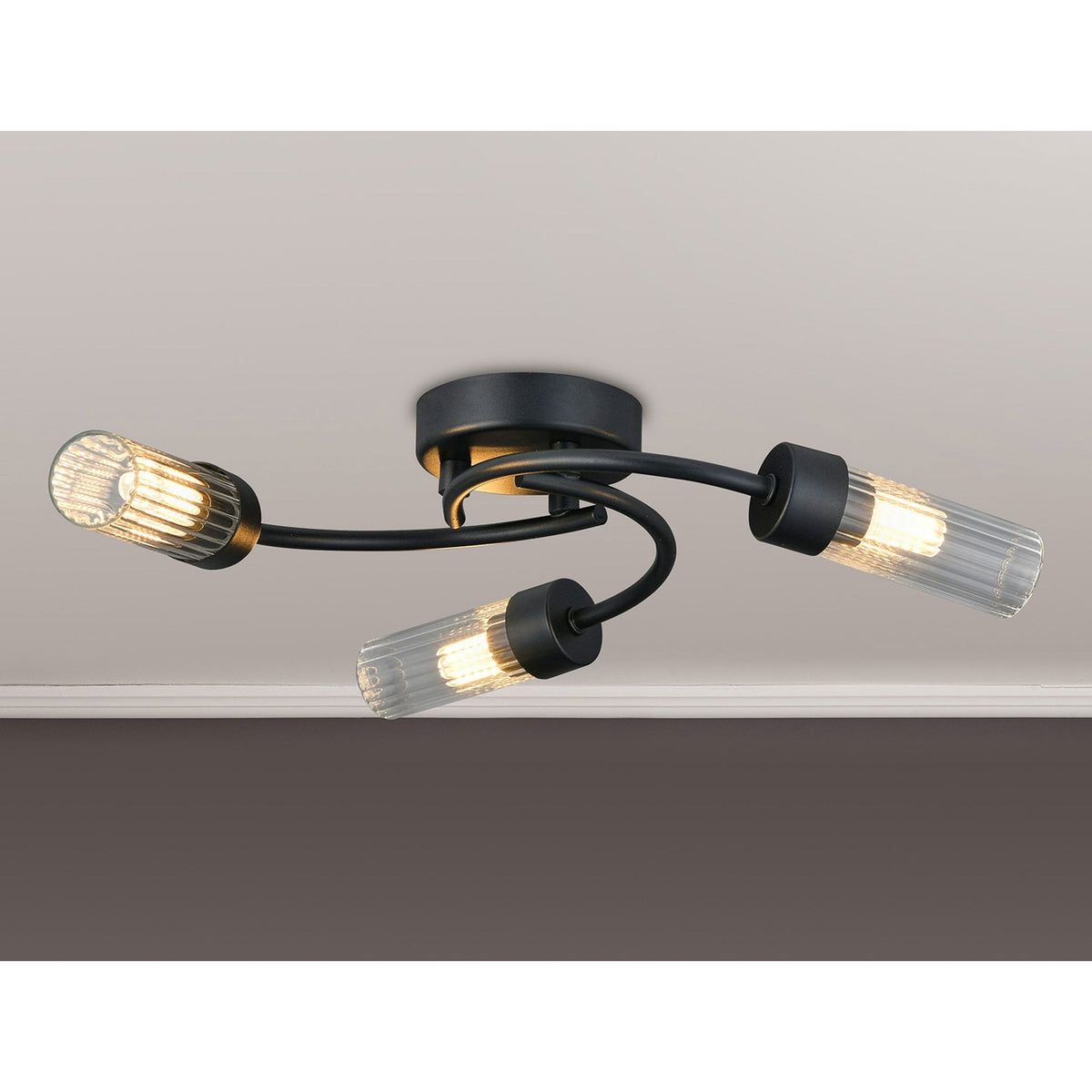 Markinch IP44 Three Lamp Flush Ceiling Light in Satin Black with Clear Tubular Glass Shades
