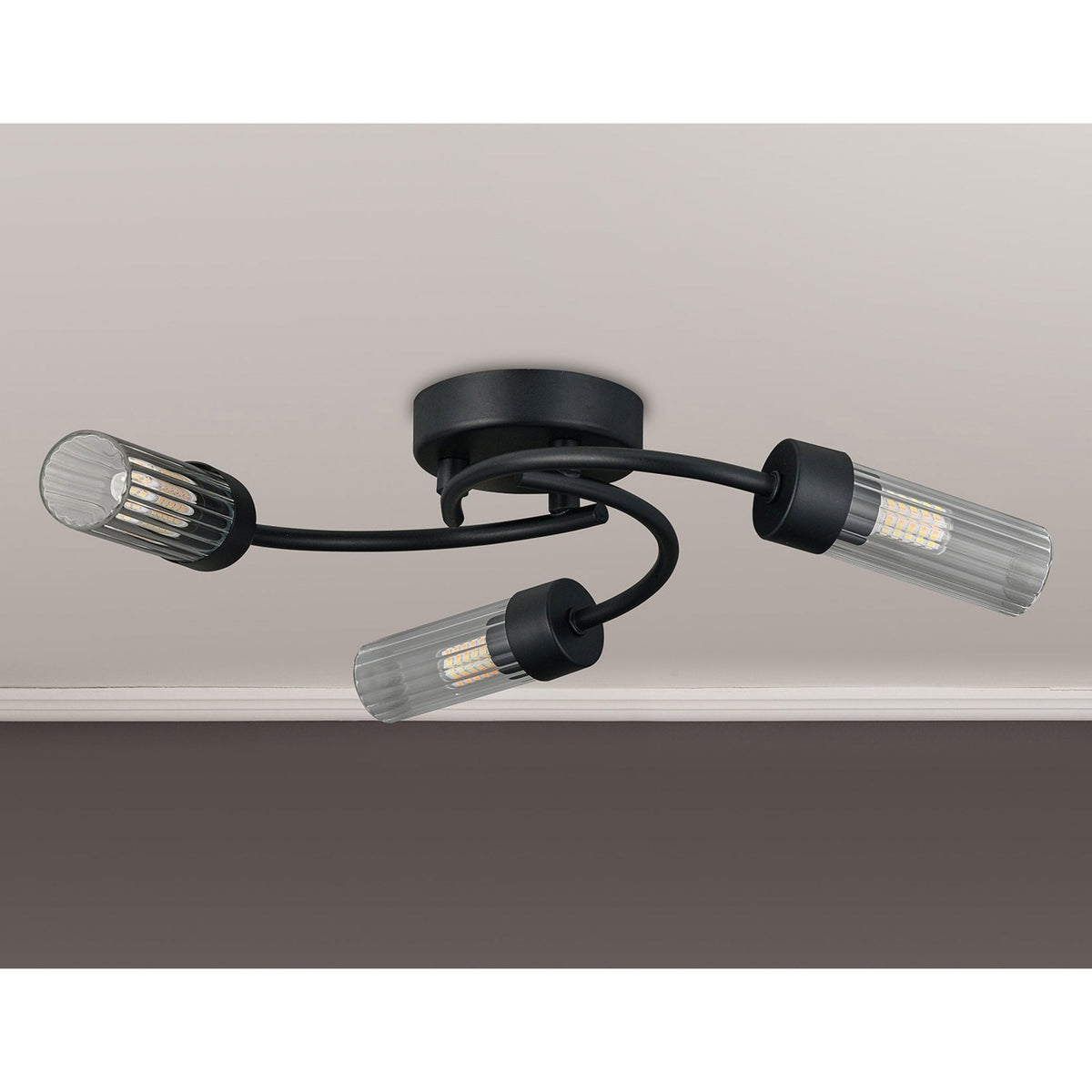 Markinch IP44 Three Lamp Flush Ceiling Light in Satin Black with Clear Tubular Glass Shades