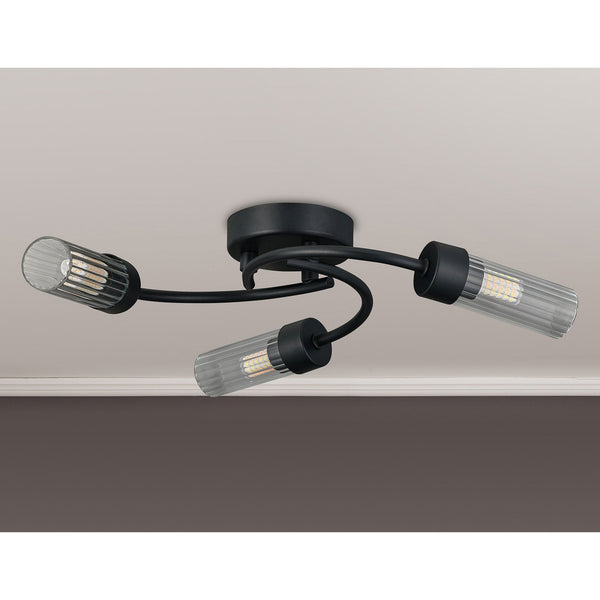 Markinch IP44 Three Lamp Flush Ceiling Light in Satin Black with Clear Tubular Glass Shades