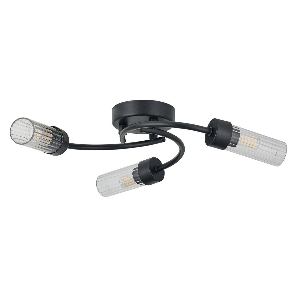 Markinch IP44 Three Lamp Flush Ceiling Light in Satin Black with Clear Tubular Glass Shades
