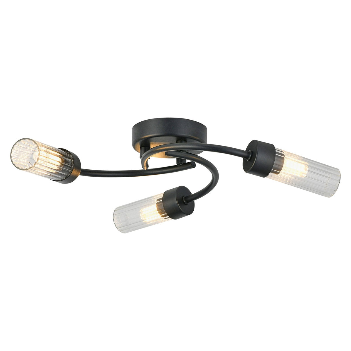 Markinch IP44 Three Lamp Flush Ceiling Light in Satin Black with Clear Tubular Glass Shades