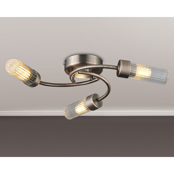 Markinch IP44 Three Lamp Flush Ceiling Light in Bronze with Clear Tubular Glass Shades