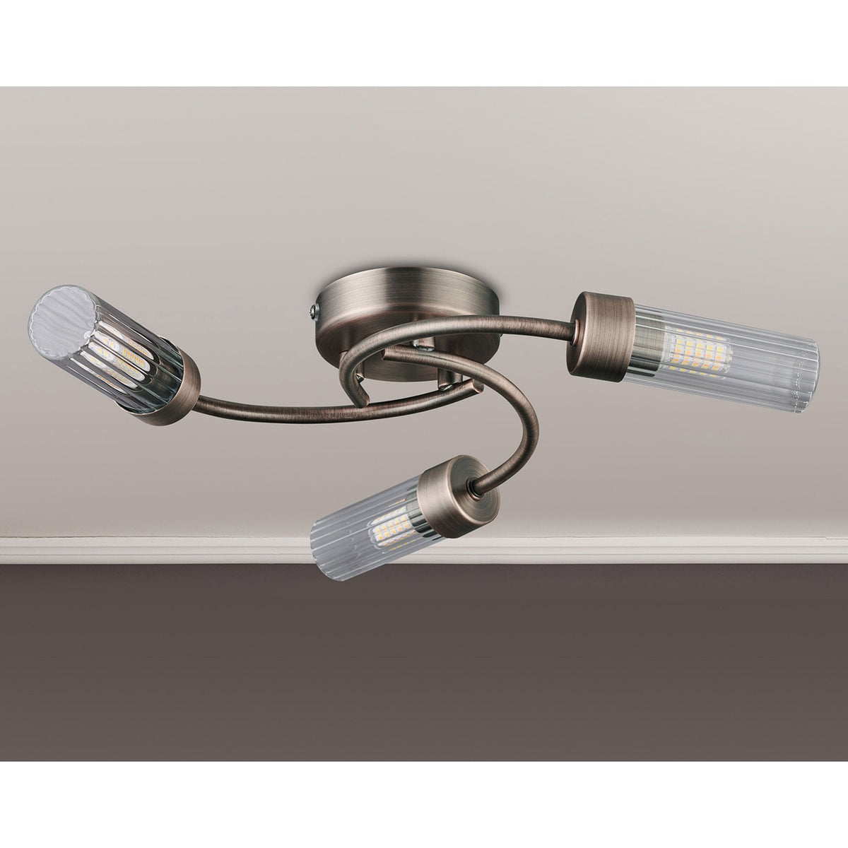 Markinch IP44 Three Lamp Flush Ceiling Light in Bronze with Clear Tubular Glass Shades