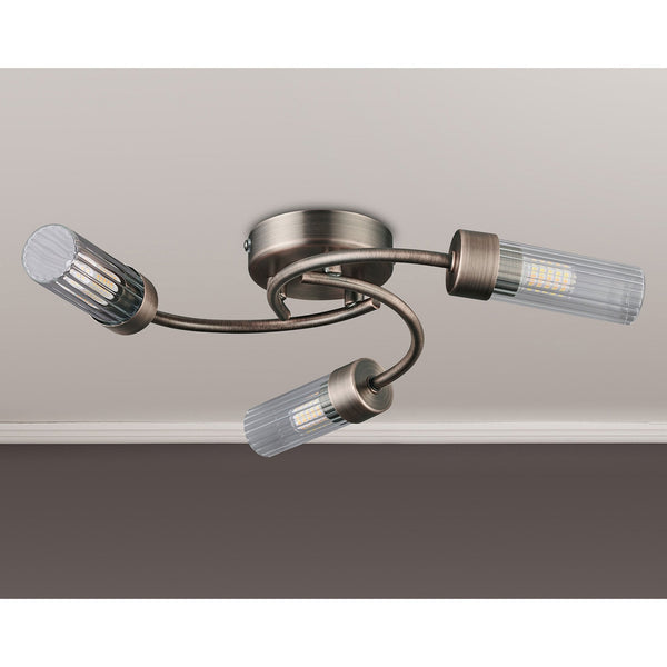 Markinch IP44 Three Lamp Flush Ceiling Light in Bronze with Clear Tubular Glass Shades