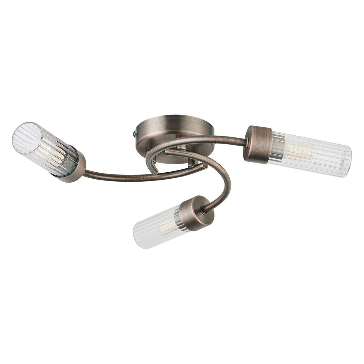 Markinch IP44 Three Lamp Flush Ceiling Light in Bronze with Clear Tubular Glass Shades