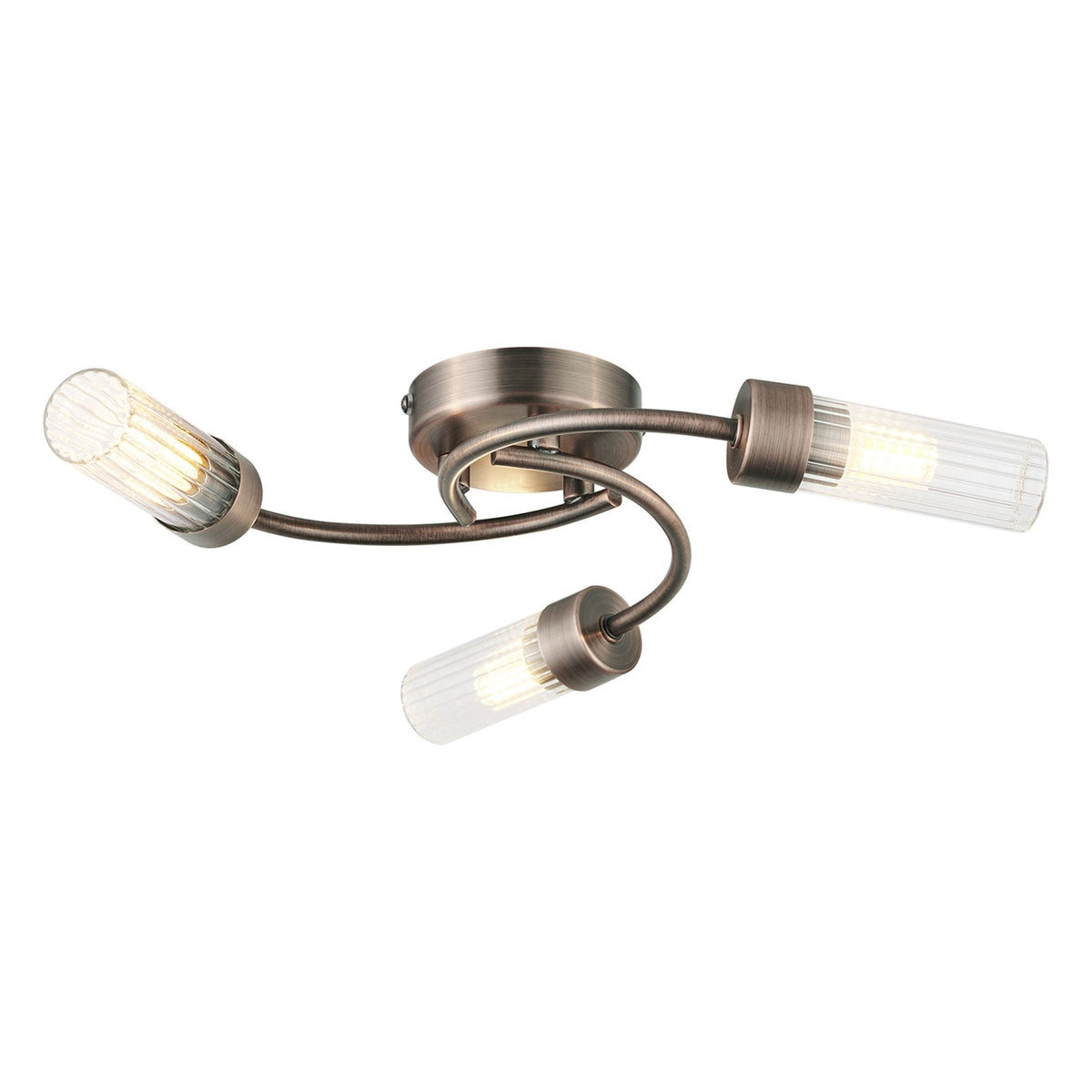 Markinch IP44 Three Lamp Flush Ceiling Light in Bronze with Clear Tubular Glass Shades