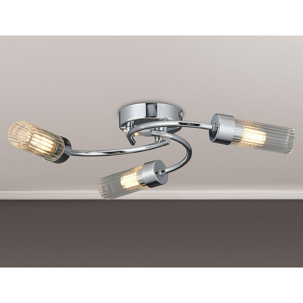 Markinch IP44 Three Lamp Flush Ceiling Light in Chrome with Clear Tubular Glass Shades