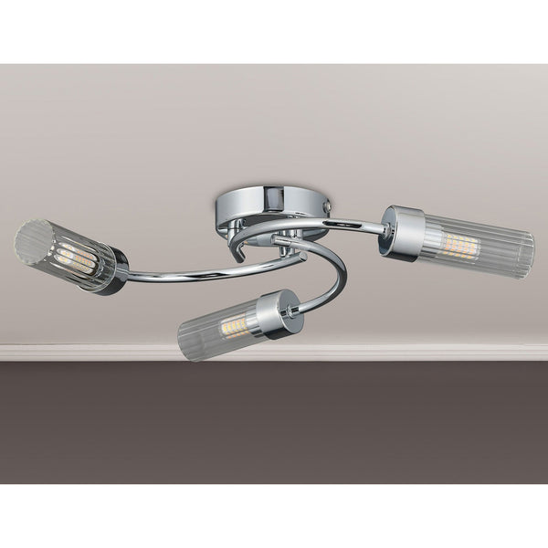 Markinch IP44 Three Lamp Flush Ceiling Light in Chrome with Clear Tubular Glass Shades