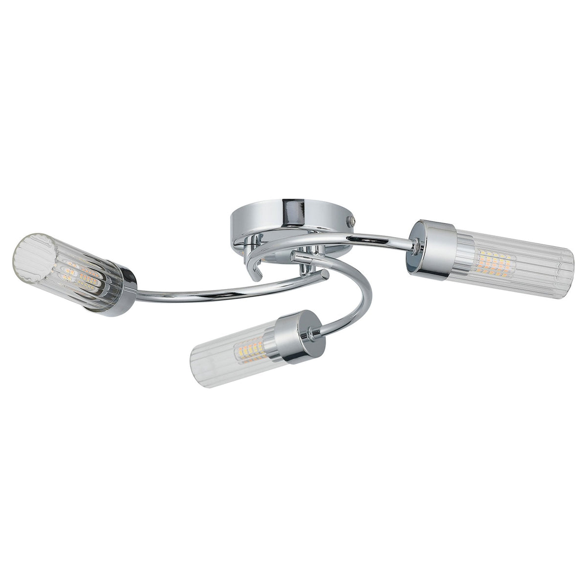 Markinch IP44 Three Lamp Flush Ceiling Light in Chrome with Clear Tubular Glass Shades