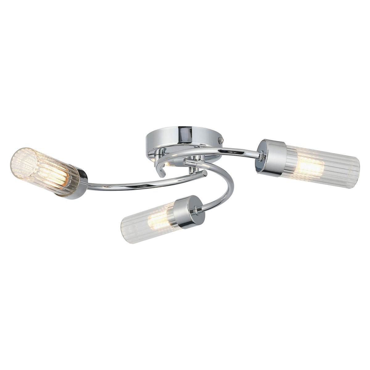 Markinch IP44 Three Lamp Flush Ceiling Light in Chrome with Clear Tubular Glass Shades