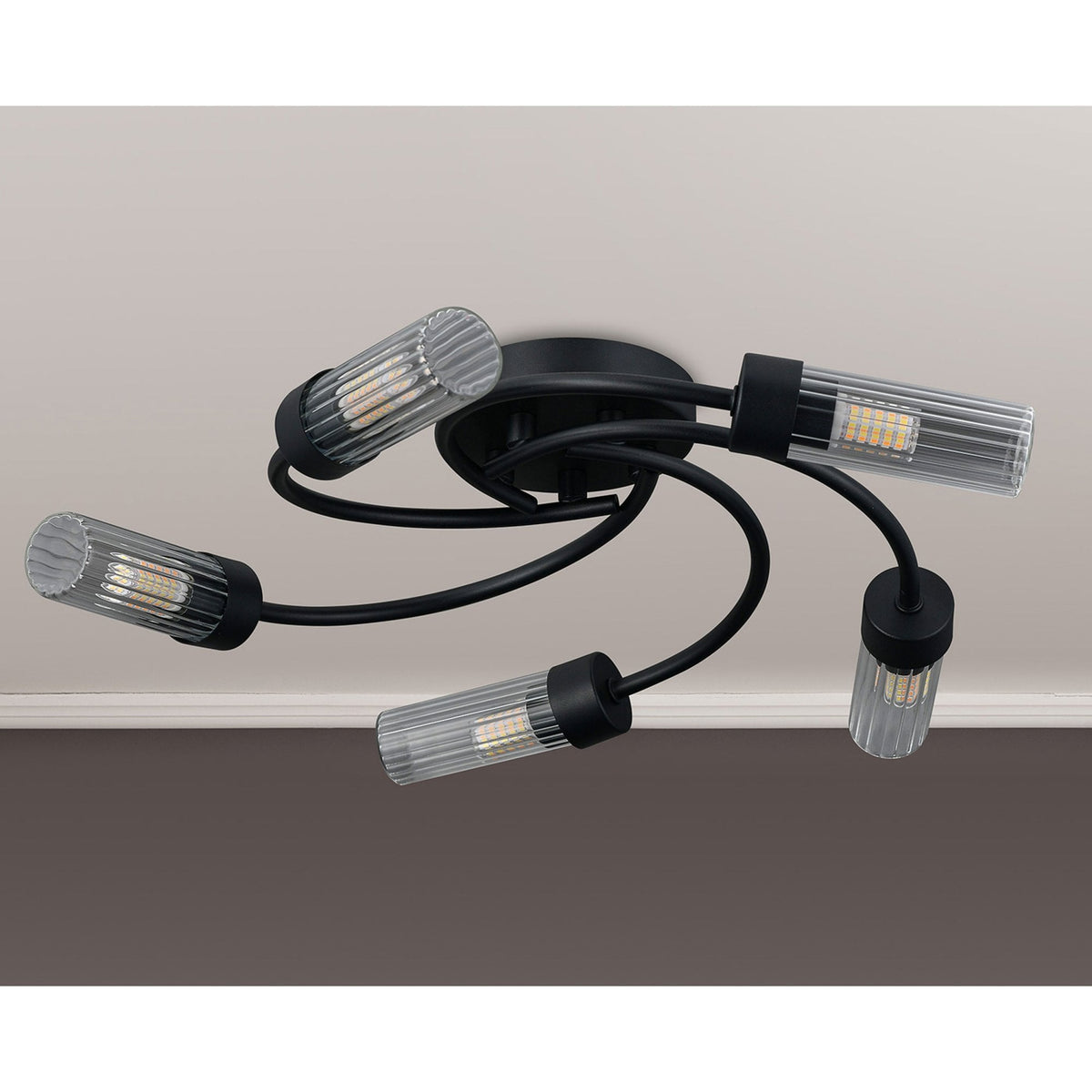 Markinch IP44 Five Lamp Flush Ceiling Light in Satin Black with Clear Tubular Glass Shades
