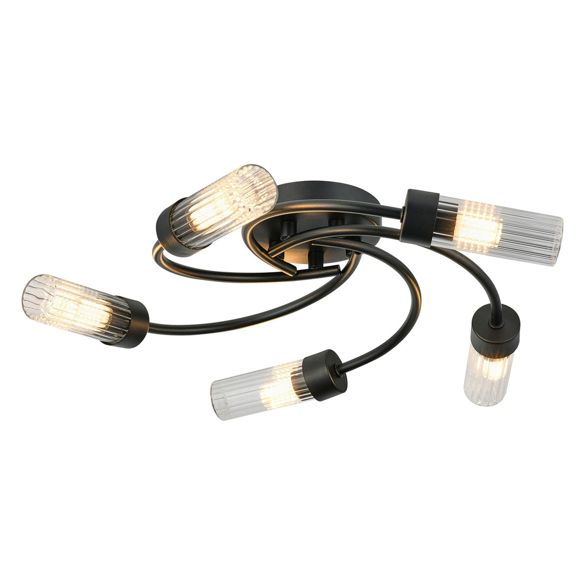 Markinch IP44 Five Lamp Flush Ceiling Light in Satin Black with Clear Tubular Glass Shades