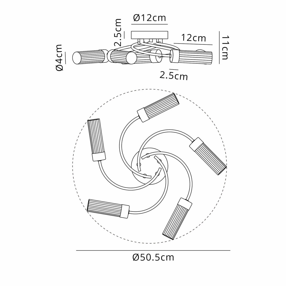 Markinch IP44 Five Lamp Flush Ceiling Light in Satin Black with Clear Tubular Glass Shades