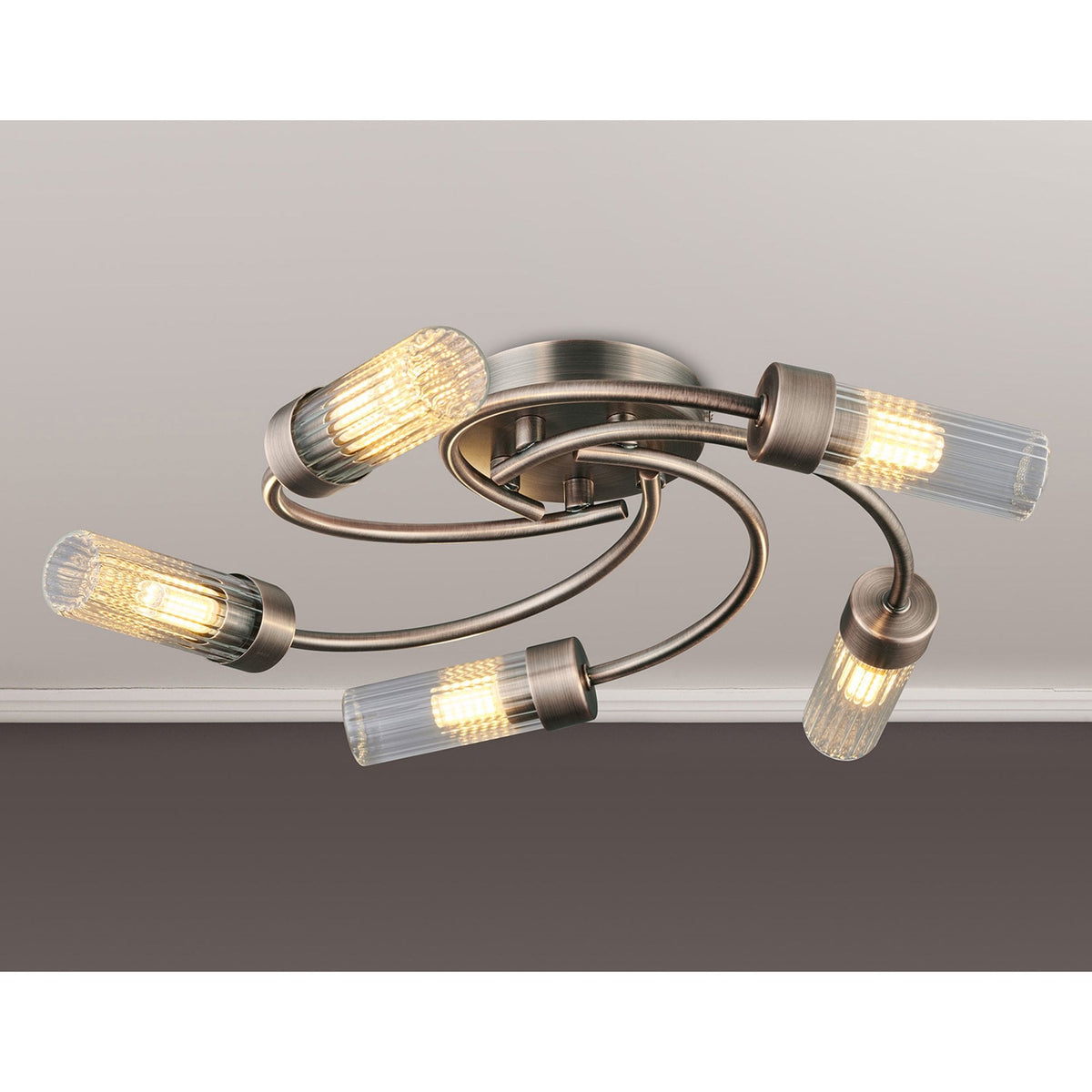 Markinch IP44 Five Lamp Flush Ceiling Light in Bronze with Clear Tubular Glass Shades