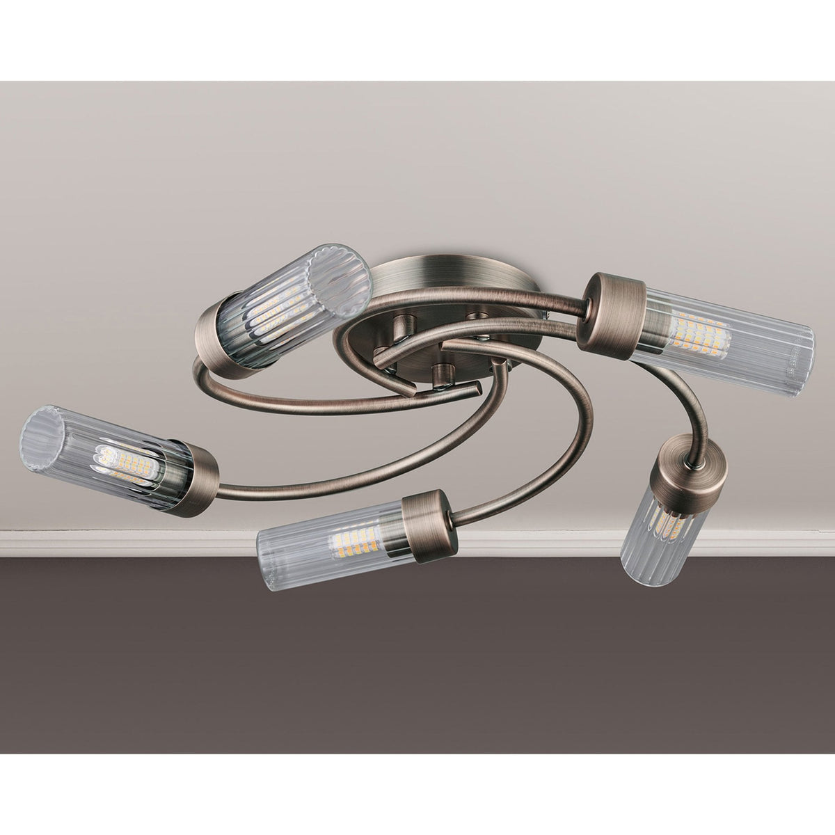 Markinch IP44 Five Lamp Flush Ceiling Light in Bronze with Clear Tubular Glass Shades