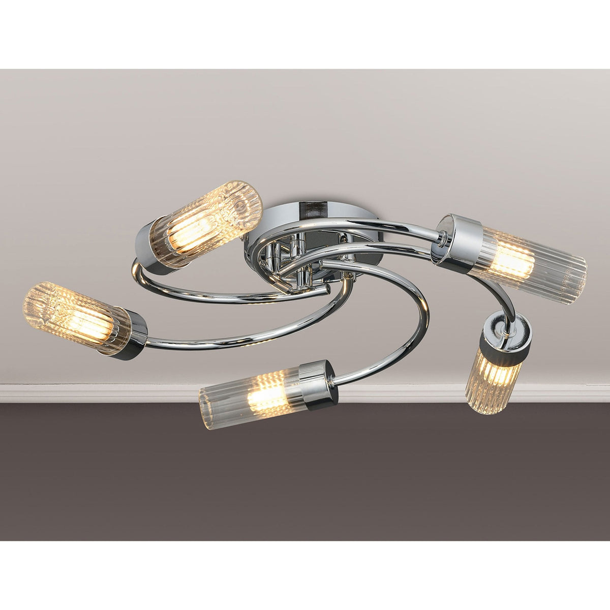 Markinch IP44 Five Lamp Flush Ceiling Light in Chrome with Clear Tubular Glass Shades