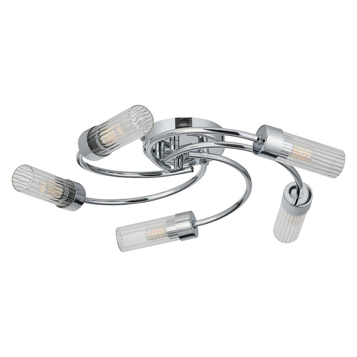 Markinch IP44 Five Lamp Flush Ceiling Light in Chrome with Clear Tubular Glass Shades