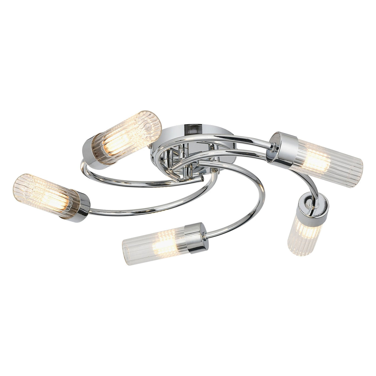 Markinch IP44 Five Lamp Flush Ceiling Light in Chrome with Clear Tubular Glass Shades