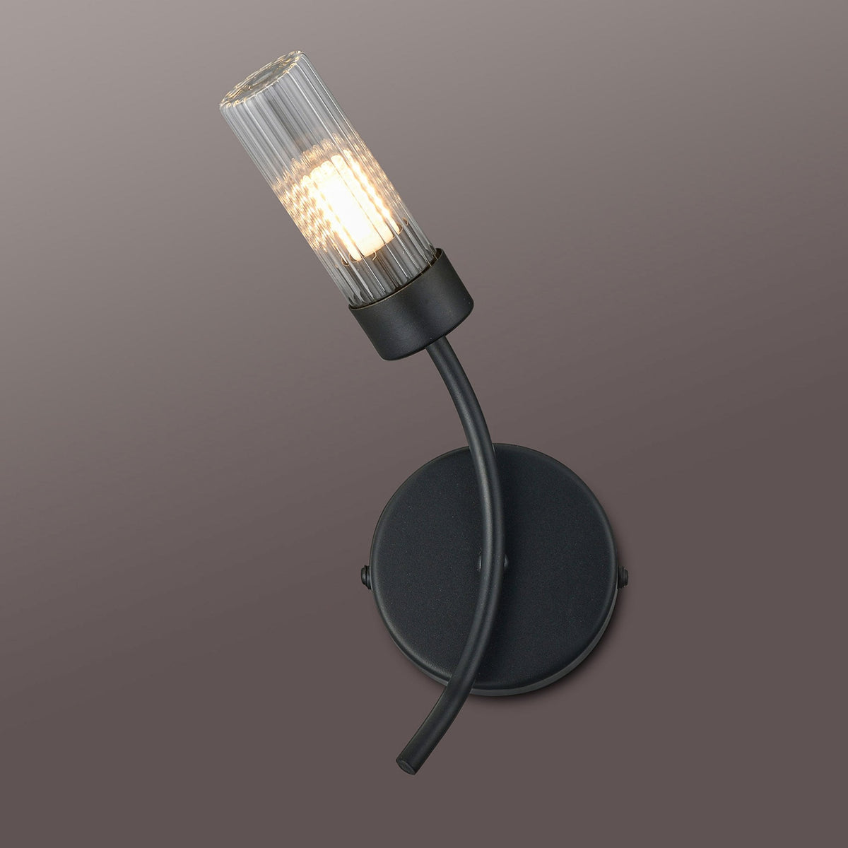 Markinch IP44 Left Wall Light in Satin Black with Clear Tubular Glass Shade