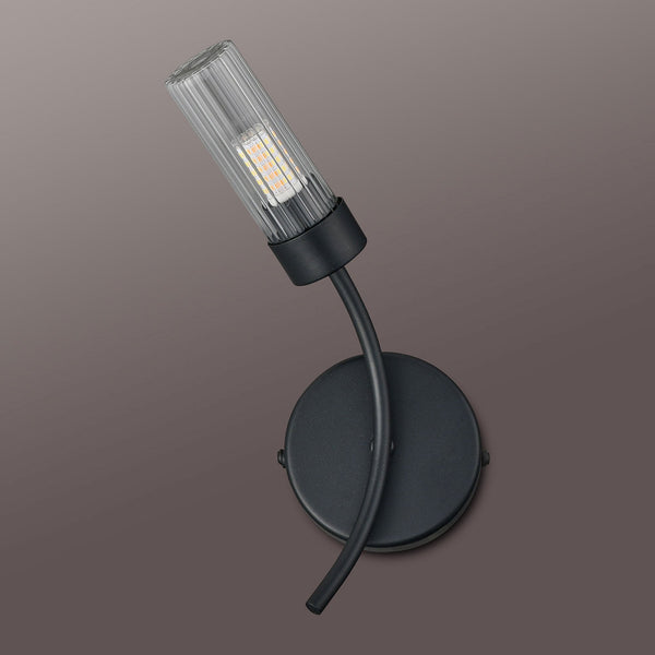 Markinch IP44 Left Wall Light in Satin Black with Clear Tubular Glass Shade