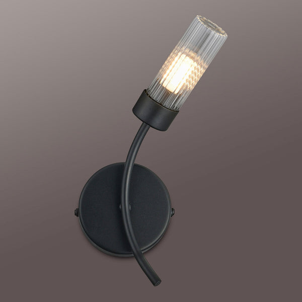 Markinch IP44 Right Wall Light in Satin Black with Clear Tubular Glass Shade