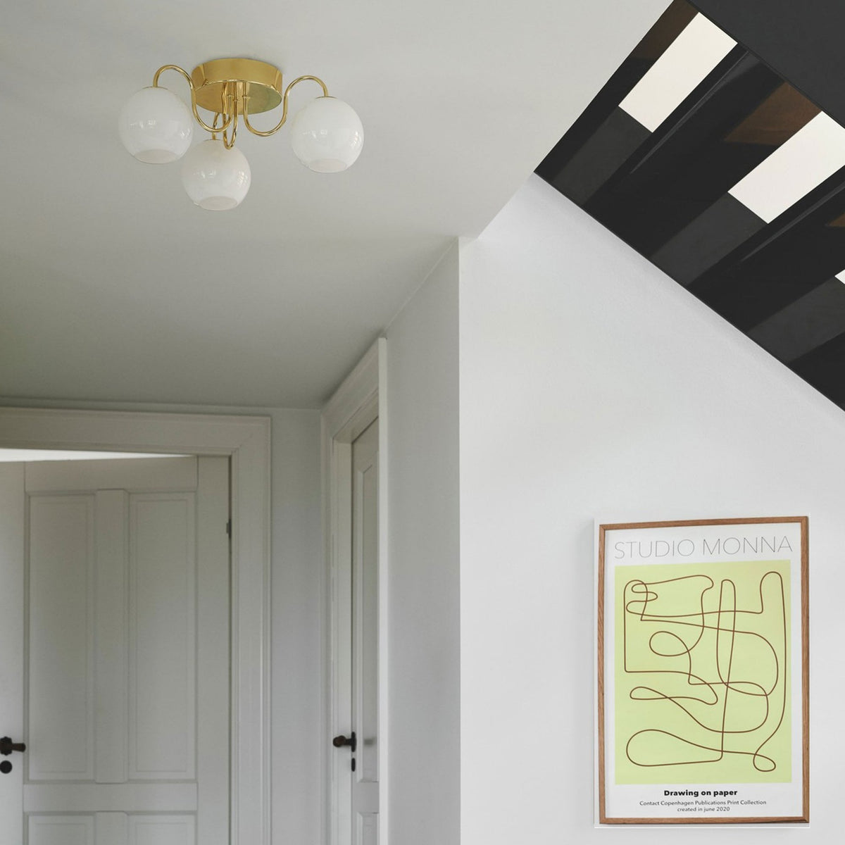 Franca Semi Flush Ceiling Light In Brass with Opal Glass Diffusers