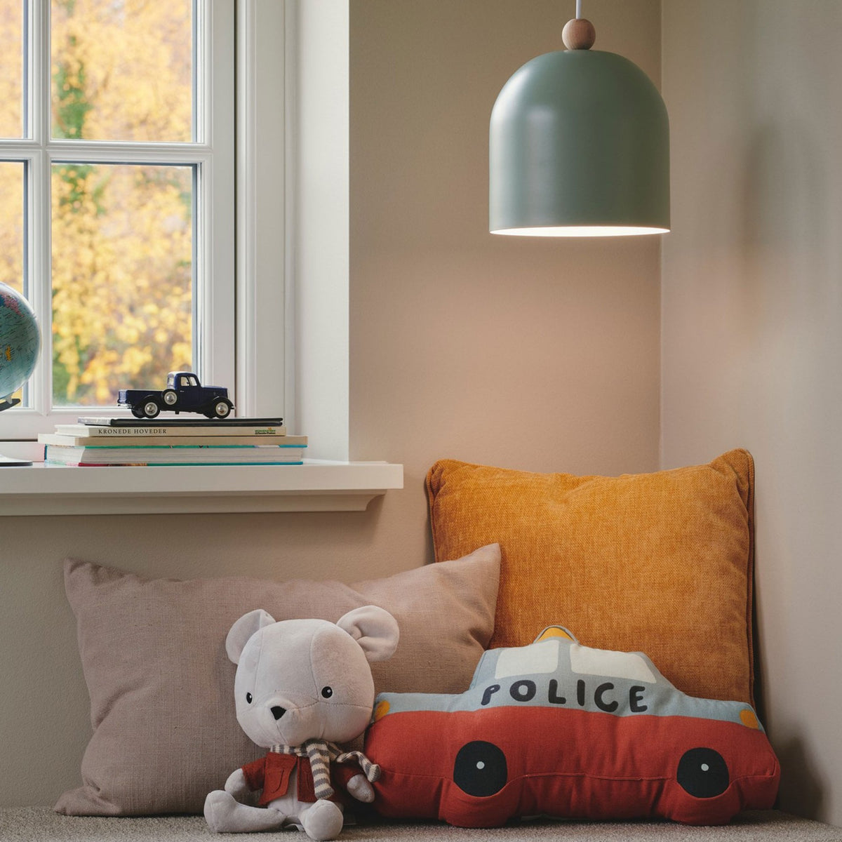 Gaston Nordic Single Pendant in Dusty Green With Wood Detail