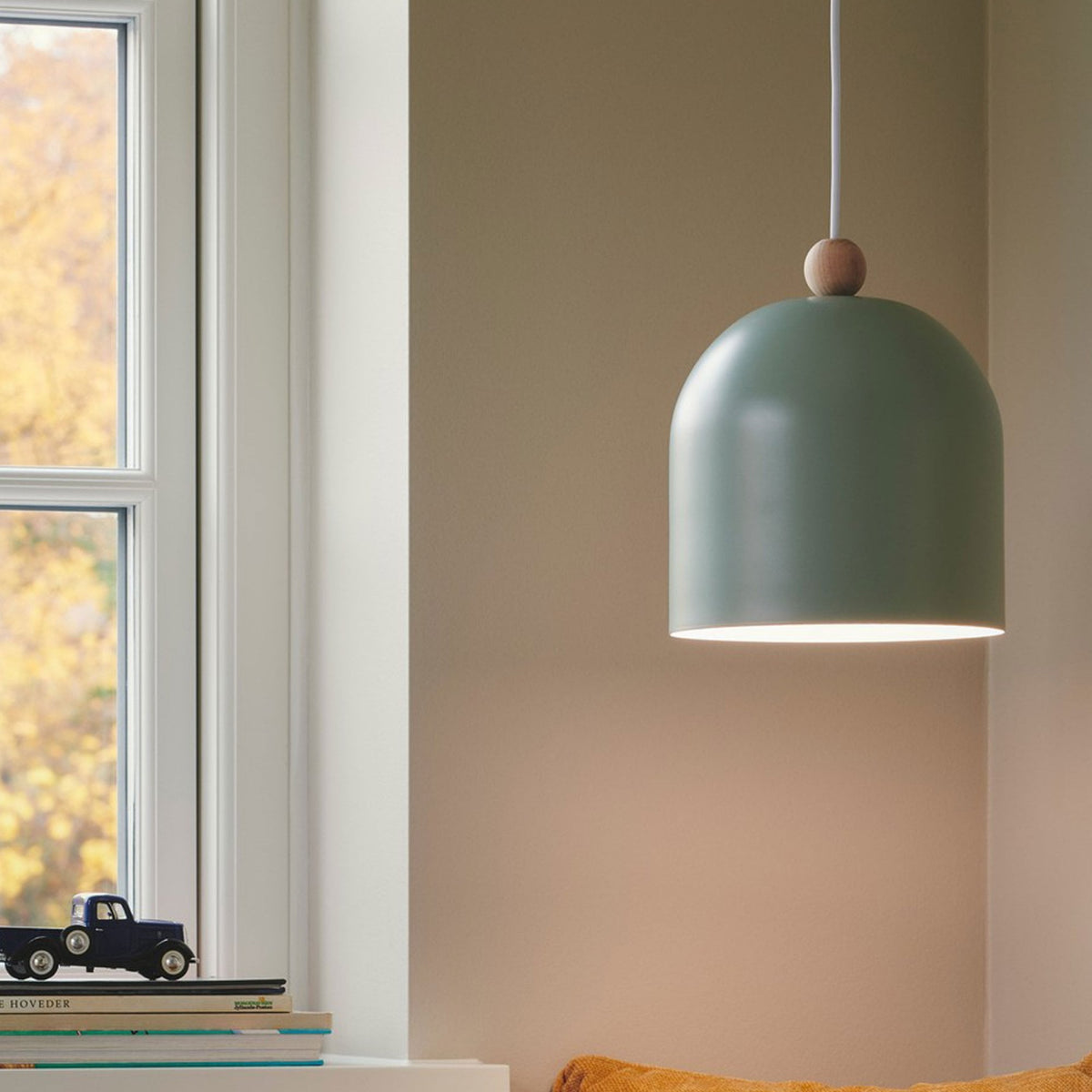 Gaston Nordic Single Pendant in Dusty Green With Wood Detail