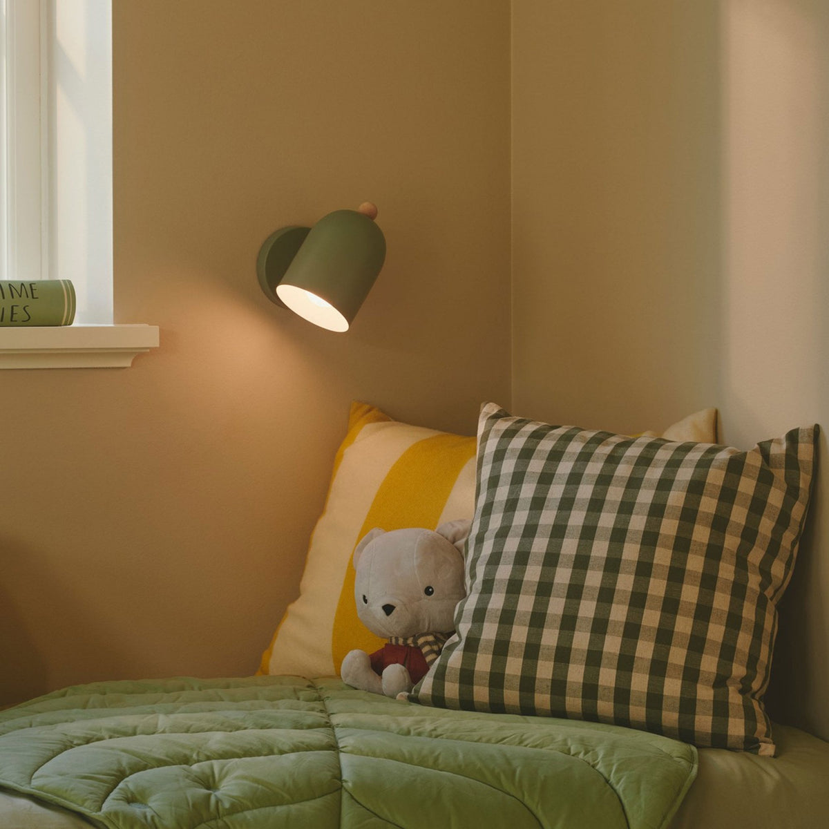 Gaston Noridc Plugged Wall Light In Dusty Green with Wood Detail