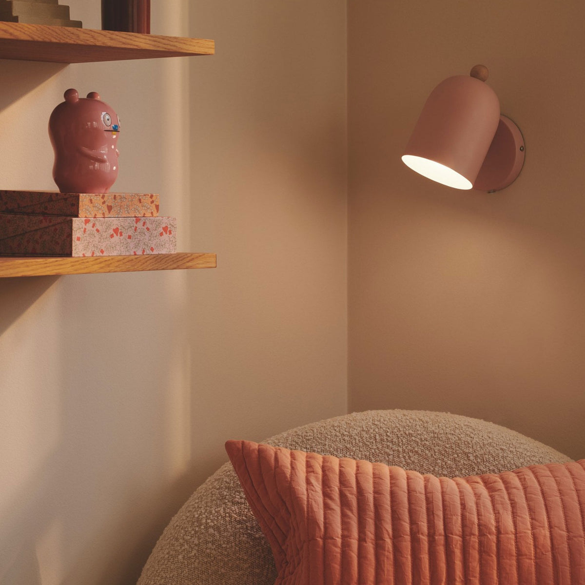 Gaston Nordic Plugged Wall Light In Dusty Rose Pink with Wood Detail