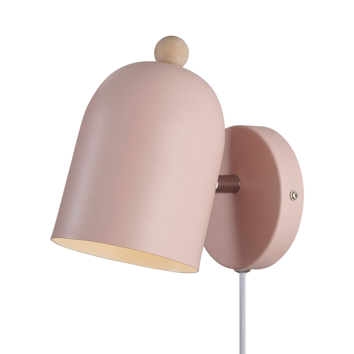 Gaston Nordic Plugged Wall Light In Dusty Rose Pink with Wood Detail