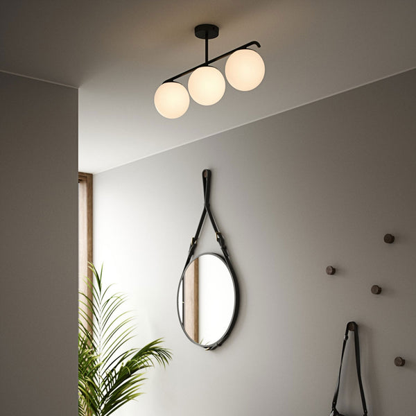 Grant Three Light Semi Flush Ceiling Light in Black With Opal Glass Shades